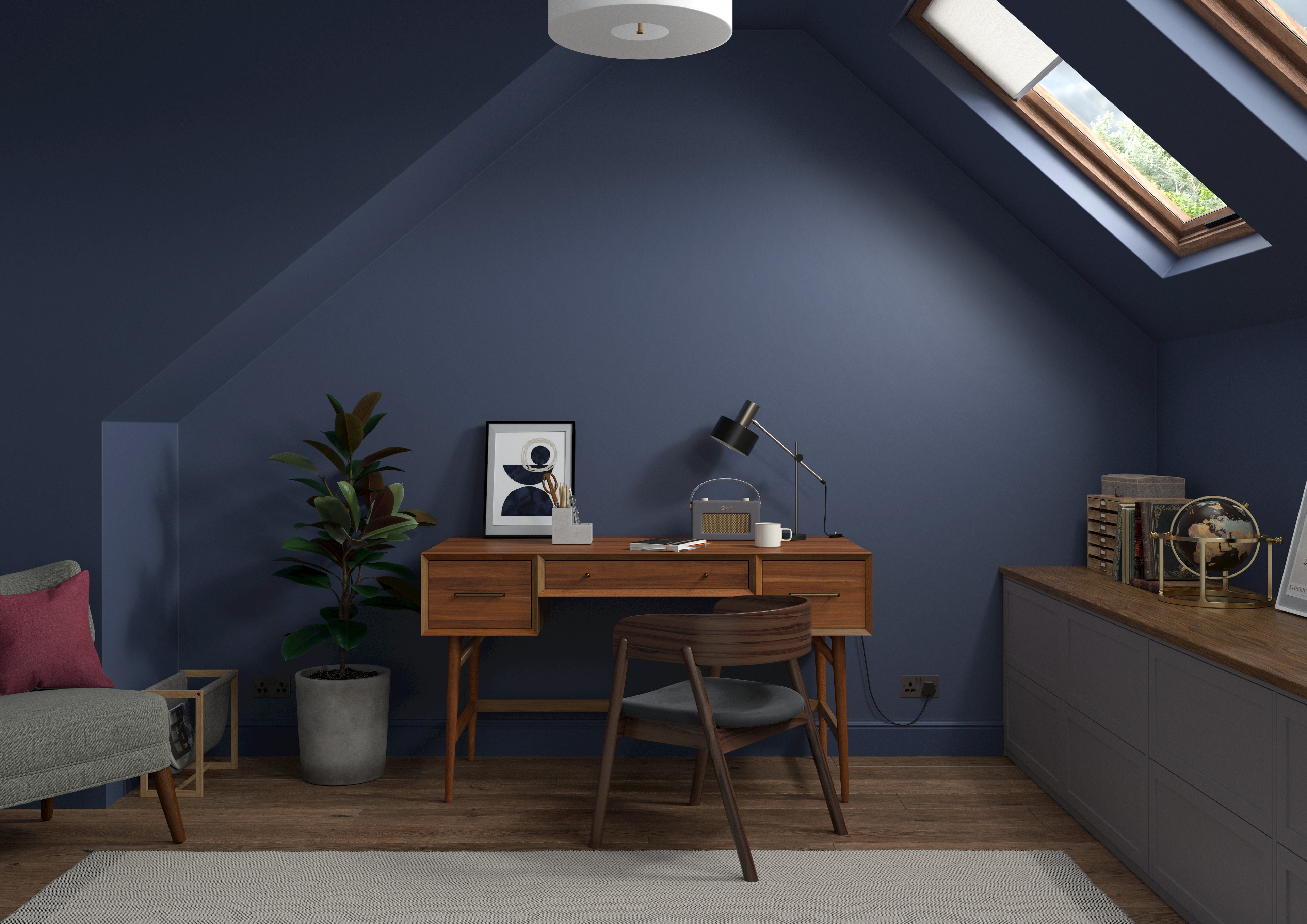 A home office painted in a rich navy